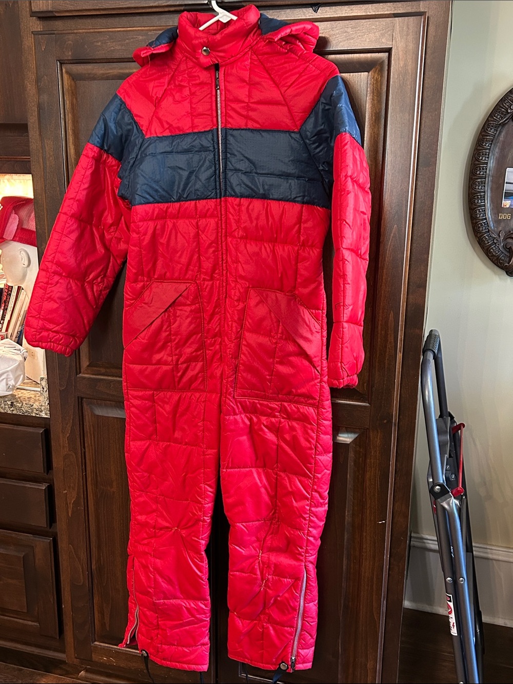 1970’s Sz 16 Boys Sears Red and Navy Quilted One-Piece Snowsuit w Hood